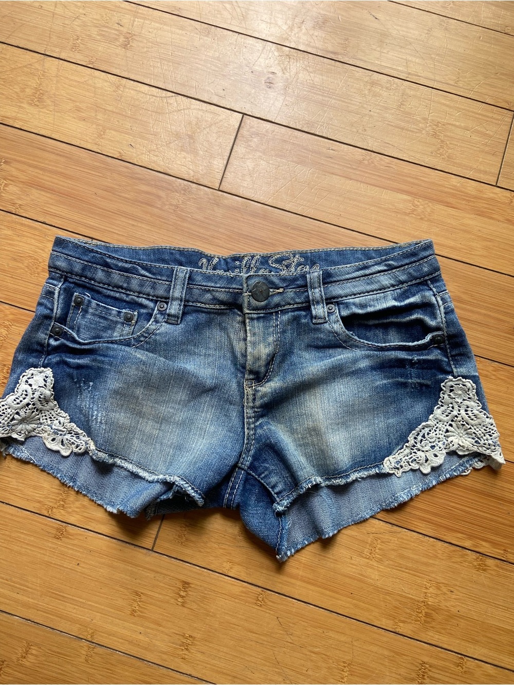 Vanilla Star Blue Denim Crochet-Hem Jean Shorts
